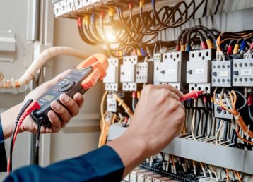 Electrician engineer uses a multimeter to test the electrical installation and power line current in an electrical system control cabinet. Electrician engineer uses a multimeter to test the electrical installation and power line current in an electrical system control cabinet.